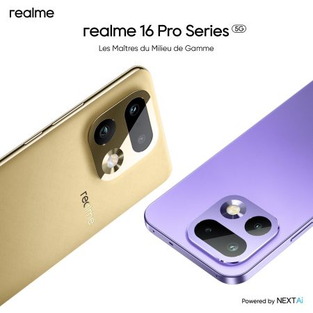 Gros plan sur le design arrière du realme 16 Pro en versions or et violet, mettant en évidence le triple module caméra premium